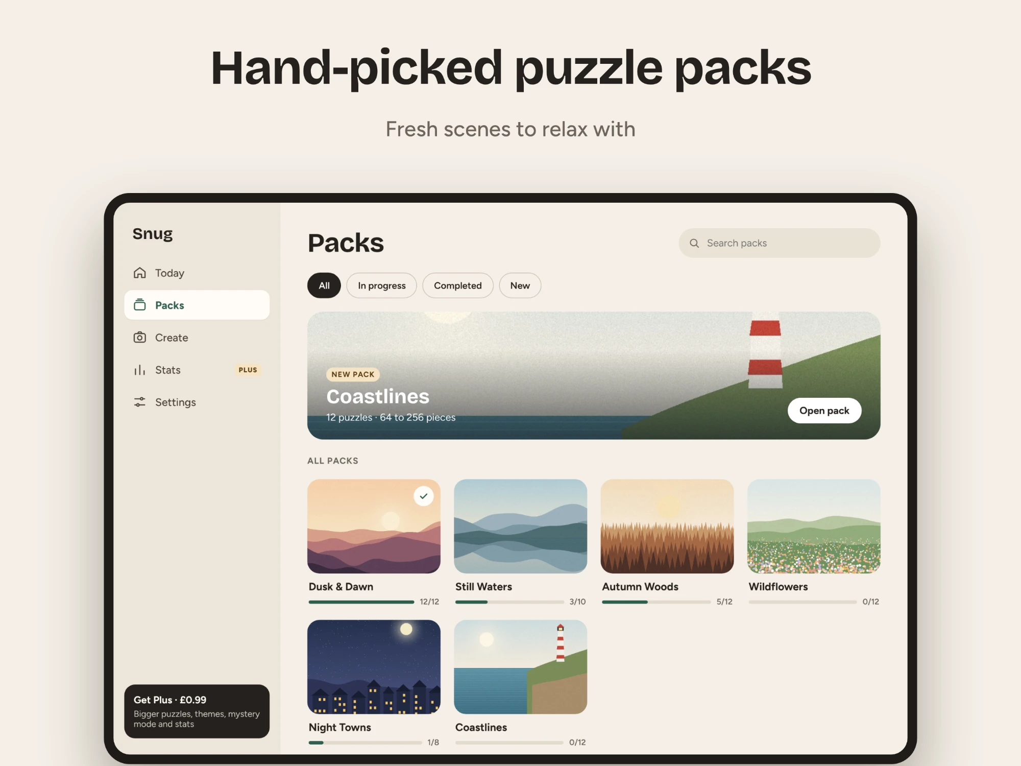 Snug on iPad: browsing puzzle packs