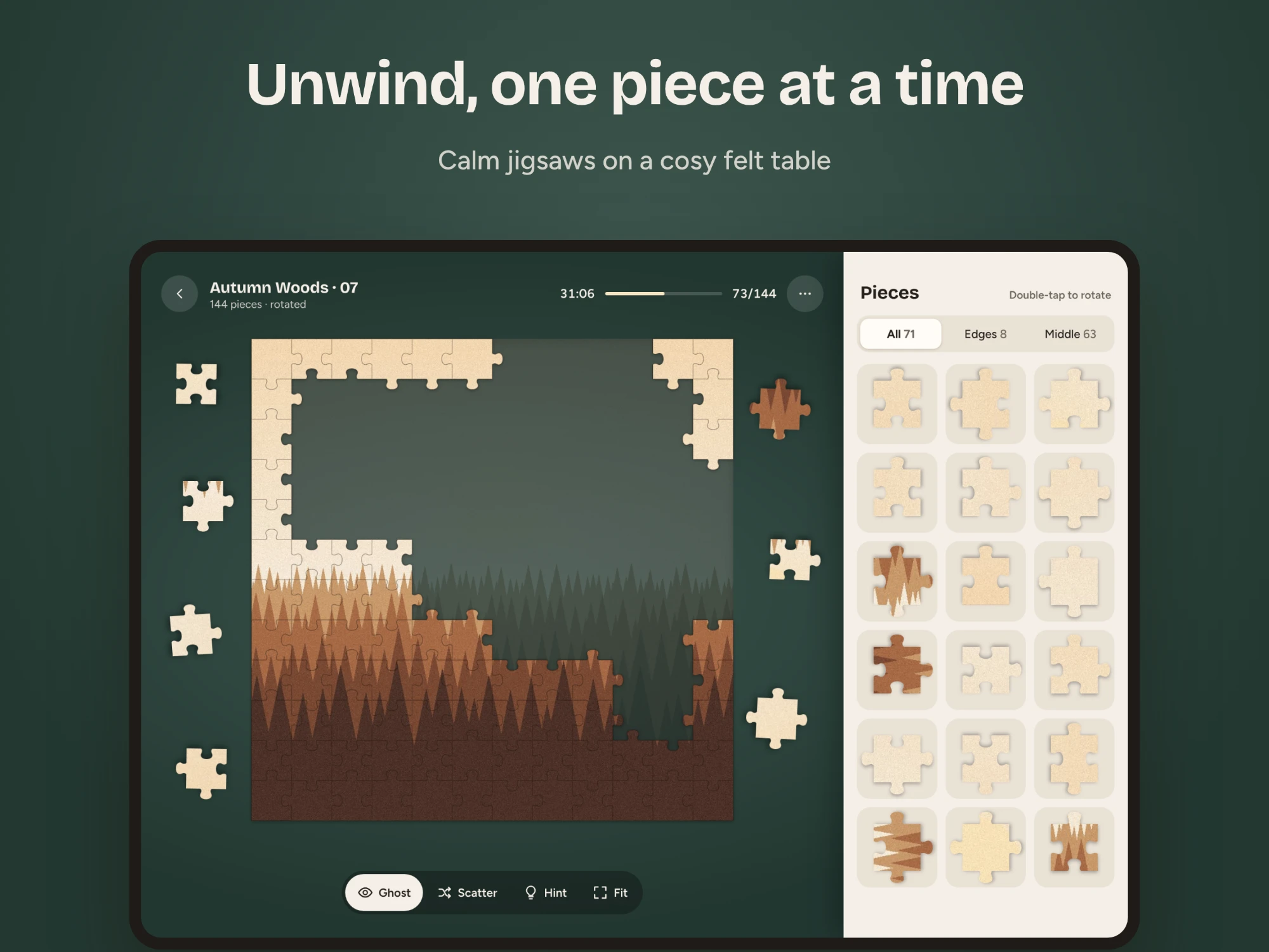 Snug on iPad: a puzzle in progress with the pieces panel on the right