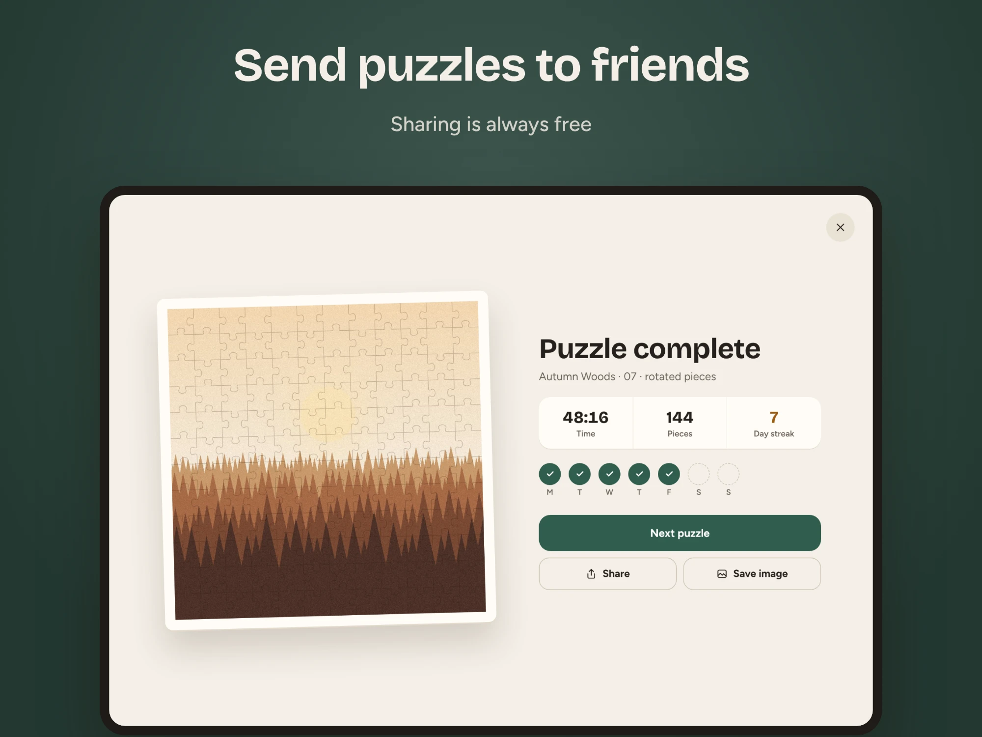 Snug on iPad: a completed puzzle ready to share