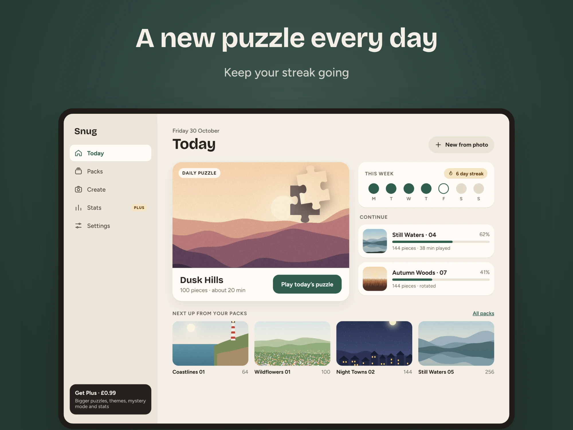 Snug on iPad: the Today screen with the daily puzzle, this week's streak and puzzles to continue