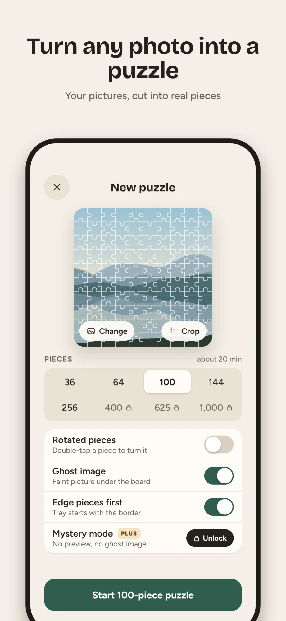 Turn any photo into a puzzle: choosing a piece count and options for a new puzzle