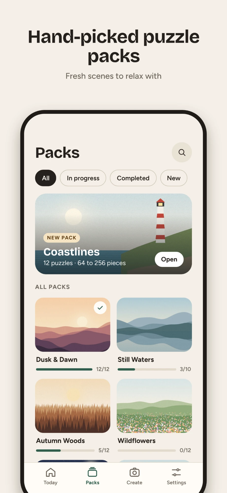 Hand-picked puzzle packs: Dusk & Dawn, Still Waters, Autumn Woods and Wildflowers