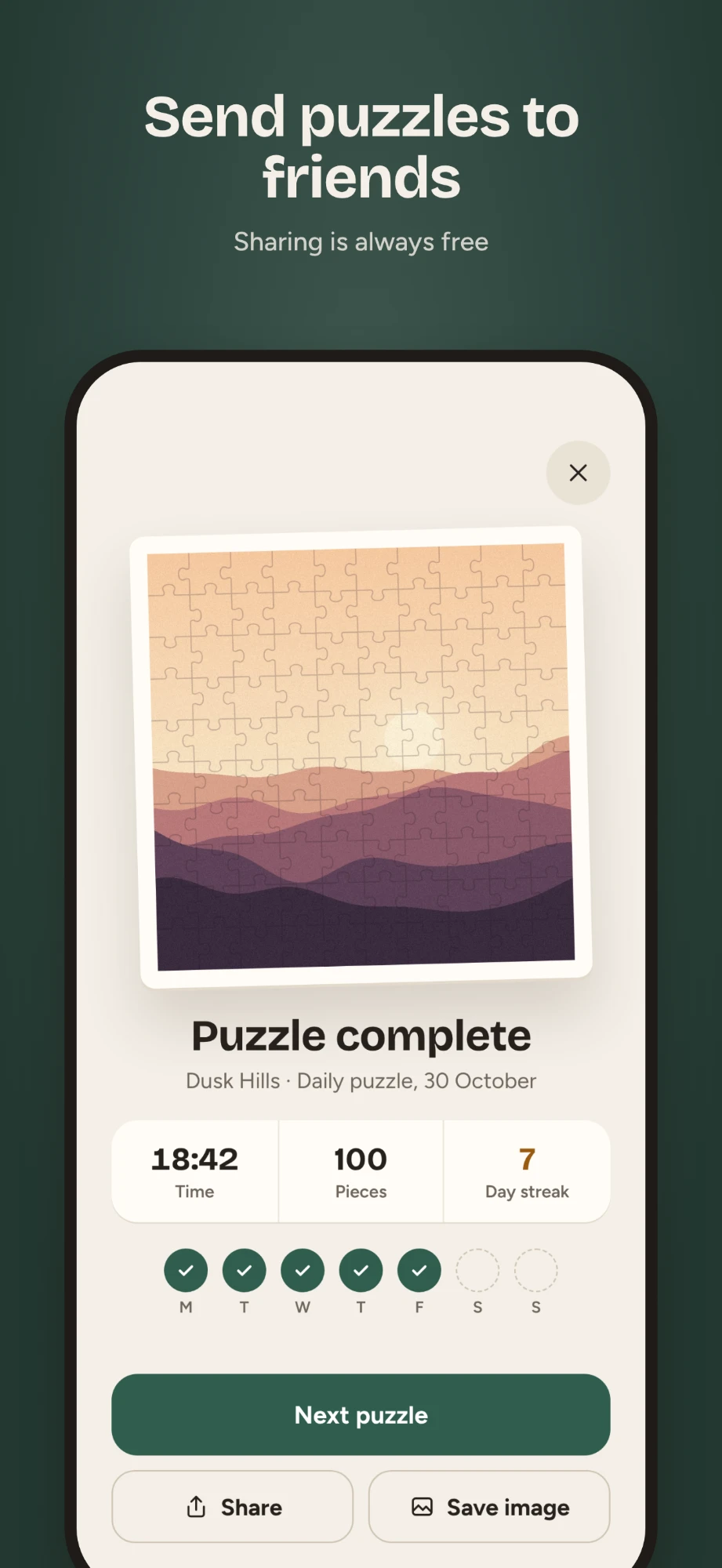 Send puzzles to friends: a completed puzzle with Share and Save image buttons