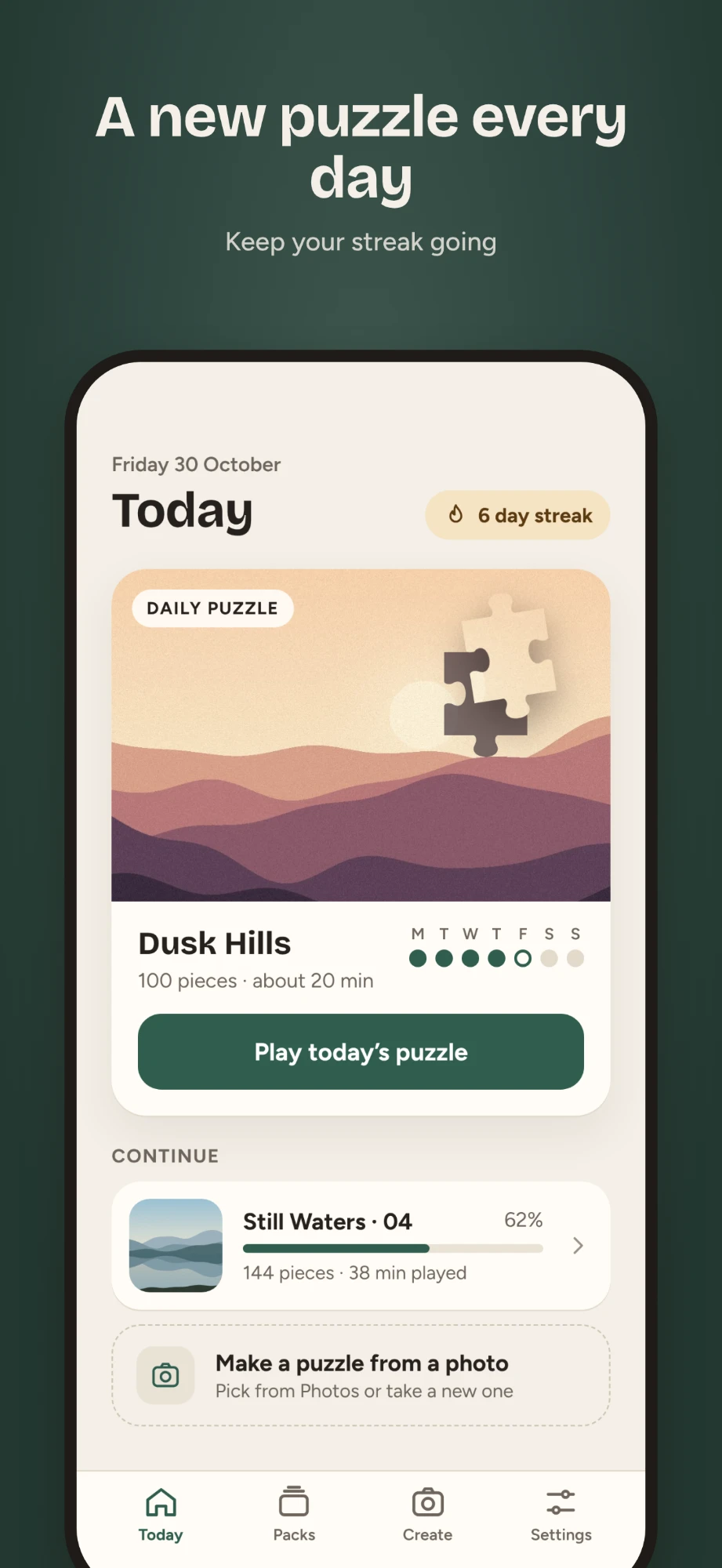 A new puzzle every day: the Today screen with the daily puzzle and a 6 day streak